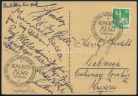 1950 Nemzetközi mágia és cirkusz kongresszus München, résztvevői által aláírt képeslap alkalmi bélyegzéssel / 1950 Circus, magic congress poscard signed by participants