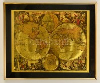 Mappe-monde geo-hydrographique, Gerard Valk térképének dekoratív reprintje, üvegezett keretben, 51×40,5 cm