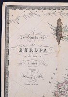 1860 Európa térképe, F. Fried, Wien, Artaria & Comp., német nyelven, foltos, a hátoldalán javítással, 37x50 cm./
1860 Map of Europe, F. Fried, Wien, Artaria & Comp., in German language, spotty, with repairs on the back, 37x50 cm.