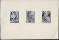 ~1950 Légrády Sándor Május 1. kiadásra készült 3 db mérethű, részletgazdag bélyegterve, tempera és tus, mindhárom kifogazott papíron, papírlapra ragasztva / 3 different essays of S. Légrády