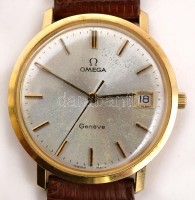 14 K arany Omega Geneve férfi mechanikus karóra, gyíkbőr szíjjal, jó, működő állapotban /14 C gold men's watch in nice working condition d: 3,5 cm