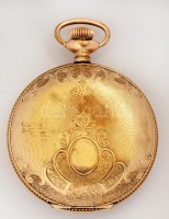 Mormon arany zsebóra dupla 10K arany fedéllel, chaton köves szerkezettel. Ép, de tisztításra szorul. Üveg nélkül. d: 58 mm, br: 125g / 10 K gold American pocket watc. Needs cleaning.