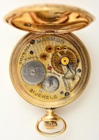 Mormon arany zsebóra dupla 10K arany fedéllel, chaton köves szerkezettel. Ép, de tisztításra szorul. Üveg nélkül. d: 58 mm, br: 125g / 10 K gold American pocket watc. Needs cleaning.