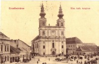 Erzsébetváros, Dumbraveni; Római katolikus templom, piac, üzletek. Seraphin Gusztáv kiadása / church, market, shops (EK)