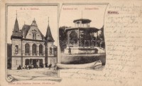 Kassa, Kosice; MÁV vasútállomás, Széchenyi rét, zenepavilon. László Béla kiadása / railway station, meadow, music pavilion