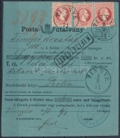 1871 Postautalvány 3 x 5kr bérmentesítéssel / 3 x 5kr on postal money order 'TINNYE' - 'PEST' Nagyon ritka, jó állapotú darab!