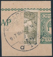 1917 Felezett 6f Turul bélyeggel díjkiegészített díjjegyes kivágás