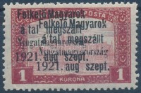 Nyugat-Magyarország I. 1921 Parlament 1K dupla felülnyomással, katalógusban ezidáig ismeretlen, Bodor vizsgálójellel
