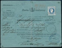 1869 Postautalvány szelvénnyel,  10kr bérmentesítéssel / money order with 10kr franking 'CSANTAVÉR' - 'PEST'
