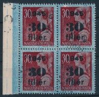 1945 Kisegítő 30f/30f négyestömb kettős felülnyomással. Látványos, ritka darab! / Mi 789 block of 4 with double overprint