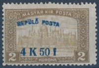 1918 Repülő posta 4K50f a felülnyomás részleges kettős nyomatával