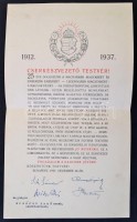 1937 Cserkészvezető testvér! emléplap, Sík Sándor, Ravasz Árpád, Witz Béla, Papp Antal nyomtatott aláírásaival, jó állapotban.