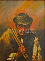 Bihari Sándor (1855-1906): Megfáradt juhász. Olaj, karton, jelzett, újszerű keretben, 28×21 cm