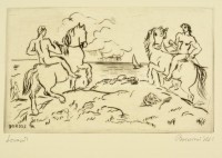 Borsos Miklós (1906-1990): Lovasok. Rézkarc, papír, jelzett, 14,5×24,5 cm