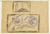Bortnyik Sándor (1893-1976): Díszletterv vázlat 1924 . Szén-ceruza, papír, jelzett (B), feljegyzésekkel,  24,5×36 cm