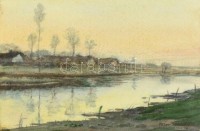 Fáber József (1889-1945): Est véli szürkület. Akvarell, papír, jelzett, üvegezett keretben, 18×27 cm