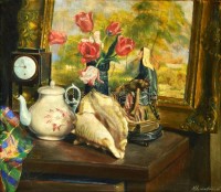 Klimó István (1883-1961): Csendélet. Tempera, karton, jelzett, keretben, 70×80 cm