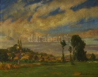 Kövér Gyula (1883-1972): Kilátás a kisvárosra. Olaj, vászon, jelzett, keretben, 40×50 cm