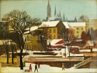 Mácsai István (1922- 2005): Vár alatt. Olaj,farost, jelzett, üvegezett keretben, 60×80 cm