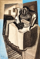 Bene Géza (1900 - 1960): Art deco csendélet szőlővel, kancsóval, mintás terítővel, 1931