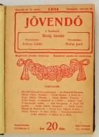 1904 Jövendő. II. évf. 12-15. sz. Szerk.: Bródy Sándor. Főmunkatárs Ambrus Zoltán, Heltai Jenő. Korabeli átkötött félvászon-kötés, a borítója és a gerince kopott, a gerince sérült, a hátsó szennylapnál foltos.