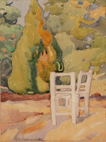 Johan Hugó (1890 - 1951): Kerti szék, 1916, ceruza, akvarell, 20 x 15