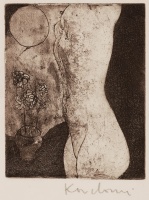 Kondor Lajos (1926 - 2006): Lányakt virággal, rézakrc, szignált, 13 x 10,3