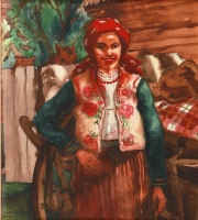 Muhoray Mihály (1898 - 1969): Lány népviseletben (Gyimesbükk), akvarell, 41 x 36
