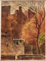 Olvashatatlan jelzéssel: Józsefvárosi udvar ősszel, 1957 (Török Rezsőnek dedikálva), akvarell, 46,5 x 35
