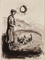 Orosz János (1932): Baromfit etető aszony, 1960-as évek, tus, 17,8 x 13,2