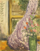 Cserepes István (1901 - 1944): Nyitott teraszajtó, papíron olaj, 51,5 x 41,7