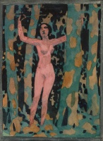 Tichy Gyula (1879 - 1920): Akt fák között, 1920 körül, ceruza, akvarell, tempera, 19,5 x 14