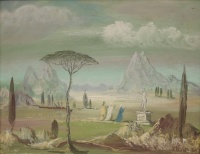 Molnár C. Pál (1894 - 1981): Fantasztikus táj, farost, tempera, 30,5 x 40,5