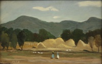 Molnár C. Pál (1894 - 1981): Balatongyöröki táj nőalakokkal 1962, fa, olaj, 19,5 x 30