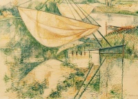Bokros Lajos (1928 - 2017): Halászhálók, ceruza, tus, akvarell, 21 x 29,5