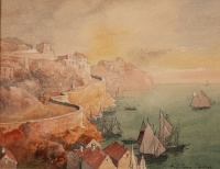 Háry Gyula (1864 - 1946): Tengeröböl, Positano (Amalfi-part), ceruza, akvarell, 22,8 x 30,5