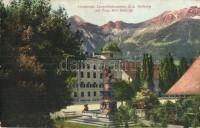 Innsbruck (Tirol), Leopoldsbrunnen, k. k. Hofburg mit Frau Hitt Gebirge (Karwendel). Verlag Wilhelm Stempfle / Habsburg palace, Leopold fountain, Frau Hitt mountain peak + K.u.K. Eisenb. Zeugs-Depot Nr. 3. Absendung zuläßig (EK)