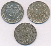 Német Birodalom 1907A 1/2M Ag + 1914A 1/2 Mark Ag + 1914J 1/2M Ag T:2-3 German Empire 1907A 1/2 Mark Ag + 1914A 1/2 Mark Ag + 1914J 1/2M Ag C:XF-F