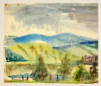 Antal Irén (1903-1999): Dunaparton, akvarell, papír, jelzett, 32,5×38 cm