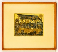 Ágotha Margit (1938-2015 ): Mézes kalácsos. Színes fametszet, papír, jelzett, 17×21 cm