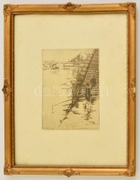 Eugene Bejrot (1867-1931):  Szajna part horgásszal. Rézkarc, papír, jelzett a karcon, üvegezett keretben, 18×14 cm