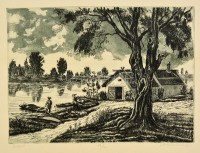 Blahos Rudolf (1917-1986): Tisza-part, rézkarc, papír, jelzett, 28,5×39 cm