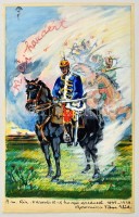 Boromisza Tibor (1880-1960): Az ősi hazáéért.(A m. Kir. Varasdi 10-dik huszár ezrednek. 1898...1938.) Vegyes technika, papír, jelzett, 32×20 cm