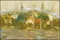 Buzás András (1943-): Erdős táj. Olaj, papír, 19×28 cm