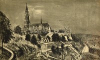Élesdy István (1912-1987): Mátyás templom, rézkarc, papír, jelzett, üvegezett fa keretben, 29×48 cm