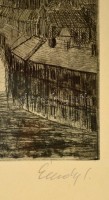 Élesdy István (1912-1987): Mátyás templom, rézkarc, papír, jelzett, üvegezett fa keretben, 29×48 cm