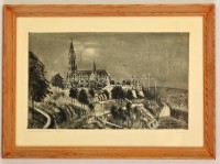 Élesdy István (1912-1987): Mátyás templom, rézkarc, papír, jelzett, üvegezett fa keretben, 29×48 cm