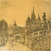 Élesdy István (1912-1987): Halászbástya. Nagyméretű rézkarc, papír, jelzett, Üvegezett keretben. Üveg törött. 50x60  cm