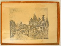 Élesdy István (1912-1987): Halászbástya. Nagyméretű rézkarc, papír, jelzett, Üvegezett keretben. Üveg törött. 50x60  cm
