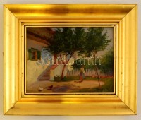 Fényes jelzéssel: Házudvar. Olaj, karton, keretben, 18×24 cm